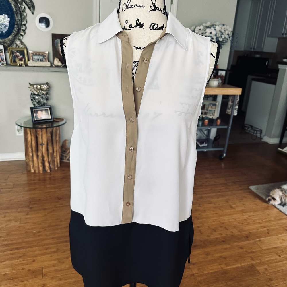 Talbots White and Black Tunic Blouse with Tan Accents